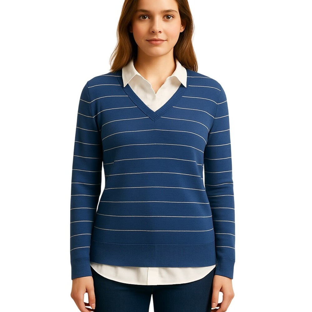 Hilary Radley Women's Stripe V-Neck Sweater Tunic Blue & White Size M Preppy New